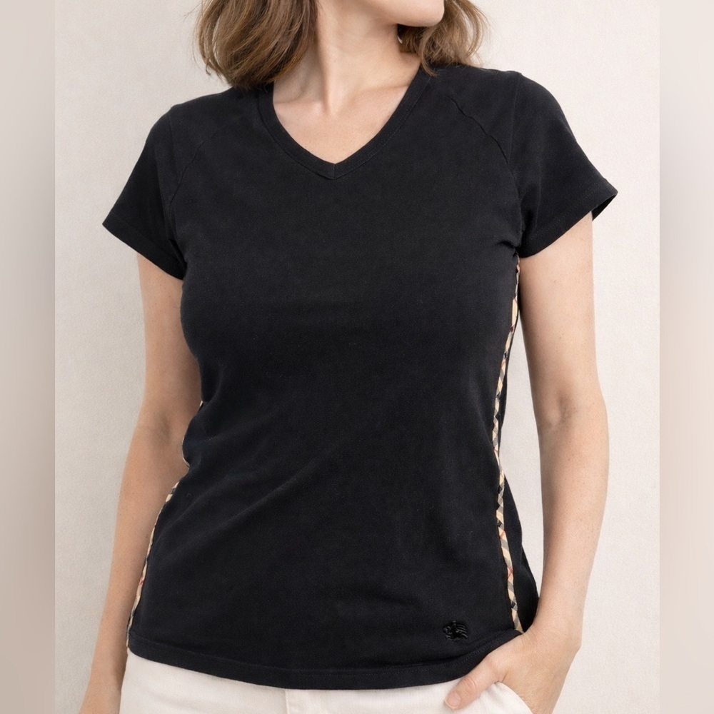 Burberry Black V-Neck T-Shirt Nova Check Side Panels Size S